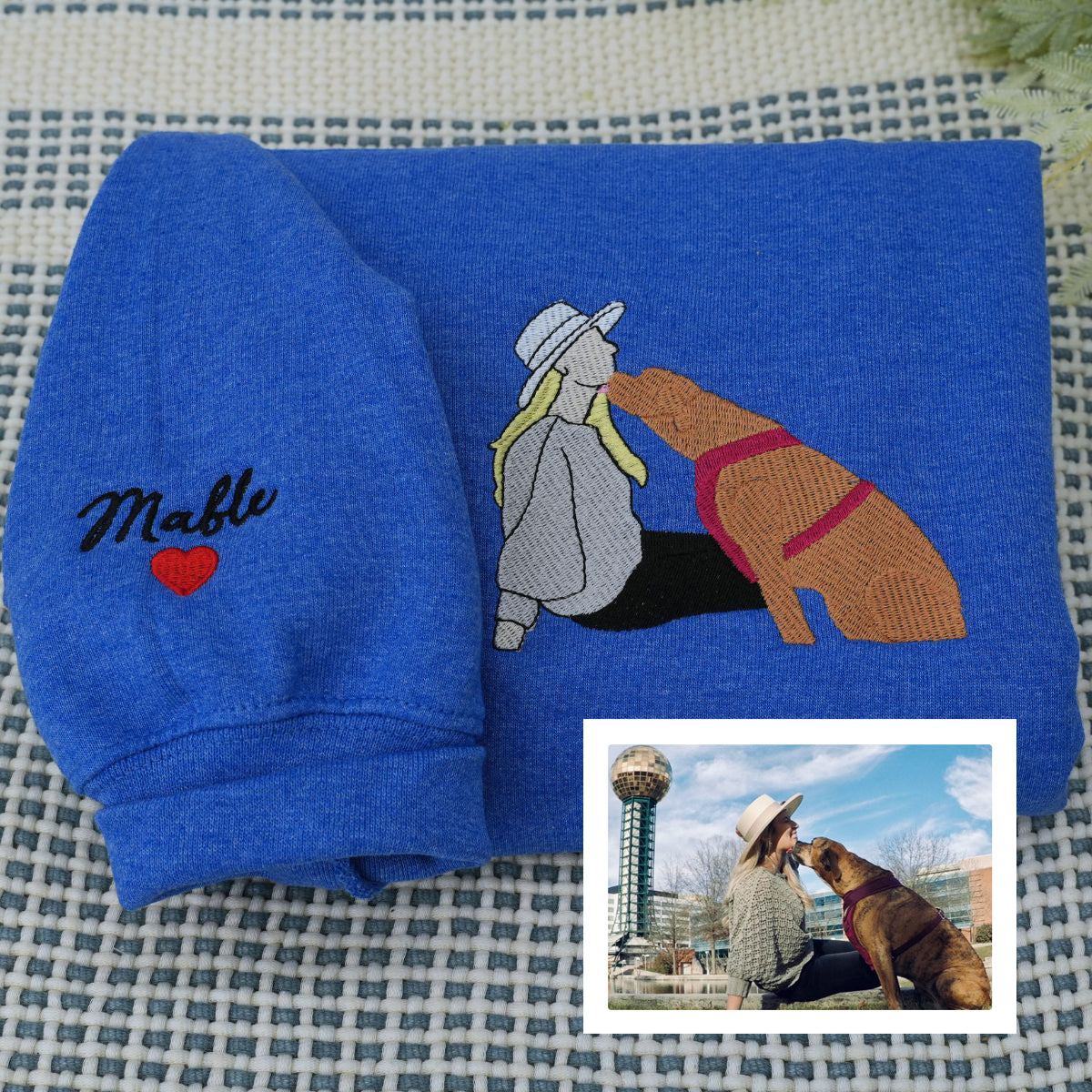 Custom Embroidered Full-Color Pet & Owner Portrait Sweatshirt & Hoodie – Unique Gift for Pet Lovers