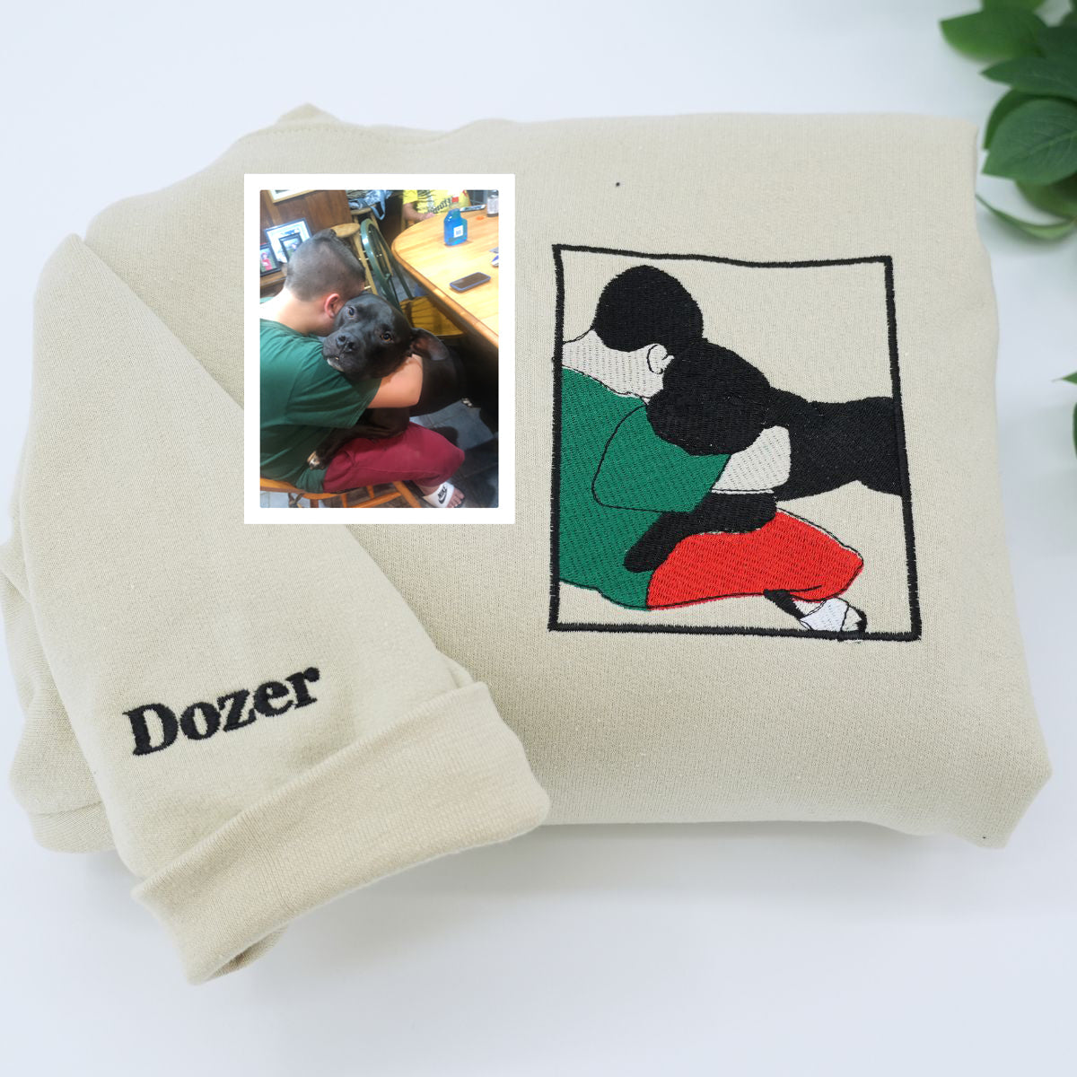Custom Embroidered Full-Color Pet & Owner Portrait Sweatshirt & Hoodie – Unique Gift for Pet Lovers
