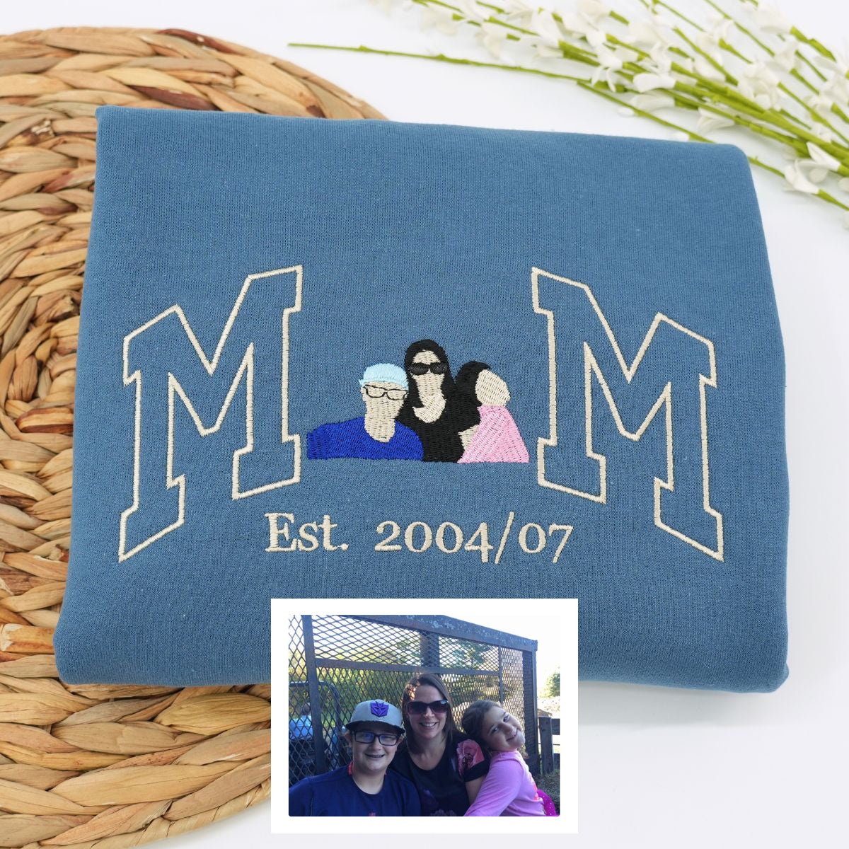 Custom Embroidered Mom Sweatshirt & Hoodie – Personalized Family Portrait Crewneck Gift for Mom